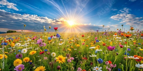 A vibrant meadow overflowing with colorful wildflowers bathed in the golden glow of a setting sun, a symphony of nature's artistry.
