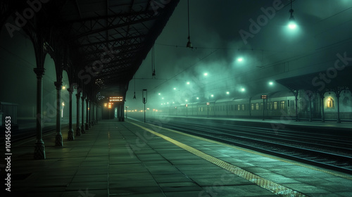 Foggy Night Train Station with Illuminated Platforms