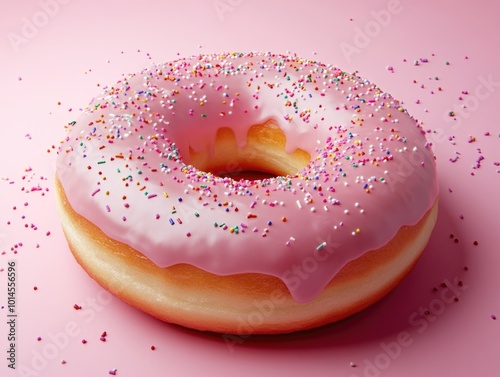 Pink donut with sprinkles on pink background