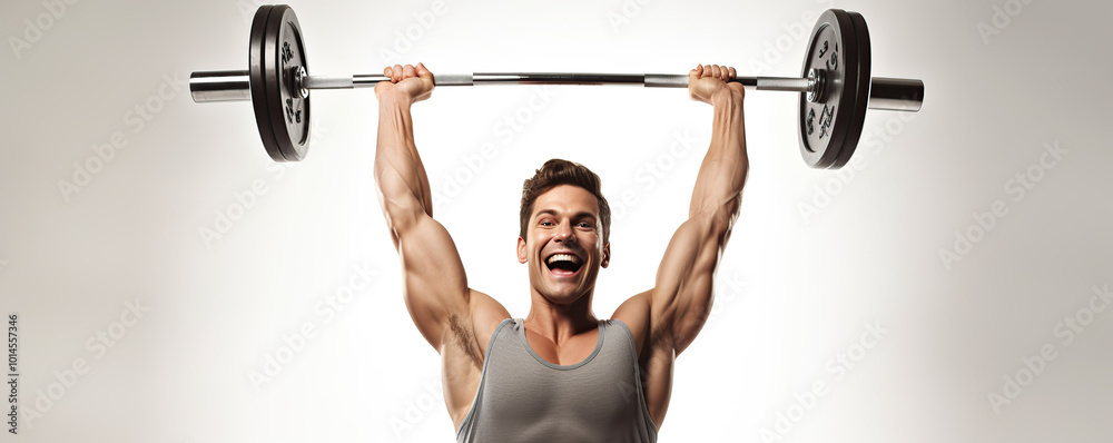 A smiling man lifts a heavy barbell overhead in a gym during a fitness training session A smiling man lifts a heavy barbell overhead in a gym during a fitness training session