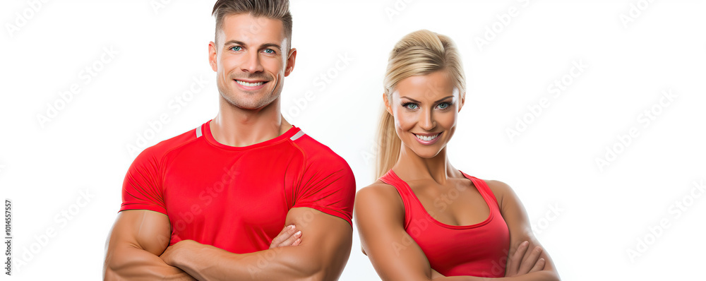 Two fit individuals in matching red workout attire posing confidently against a plain white background in a studio setting Two fit individuals in matching red workout attire posing confidently against a plain white background in a studio setting