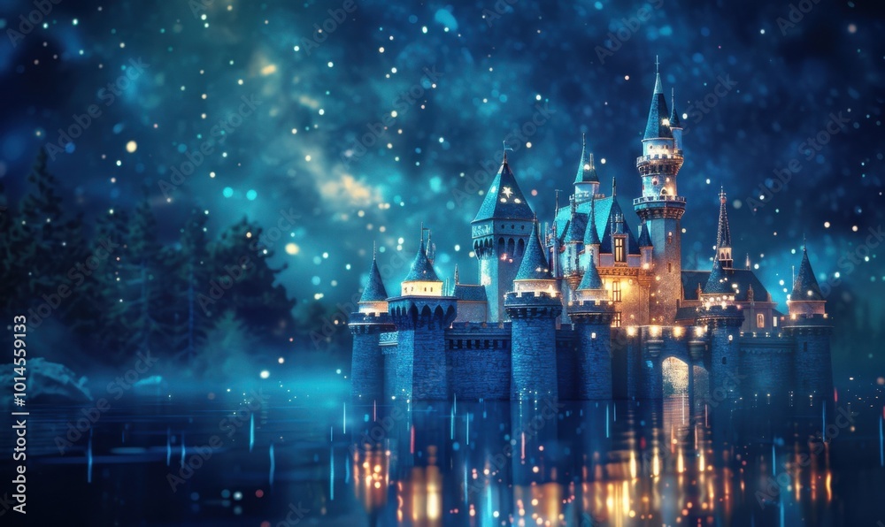 Enchanted fairy tale castle with sparkling towers and a glowing moat under a starry sky, 4K hyperrealistic photo Enchanted fairy tale castle with sparkling towers and a glowing moat under a starry sky, 4K hyperrealistic photo