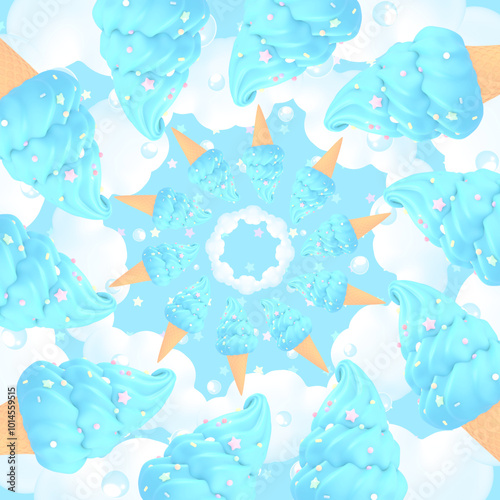 Cartoon spinning turquoise blue ice cream pattern.