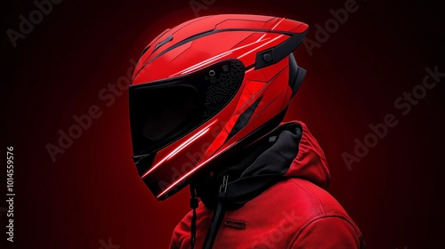 Crimson Rider: A sleek, crimson motorcycle helmet stands in profile against a dramatic red backdrop, embodying speed, power, and adventure.  