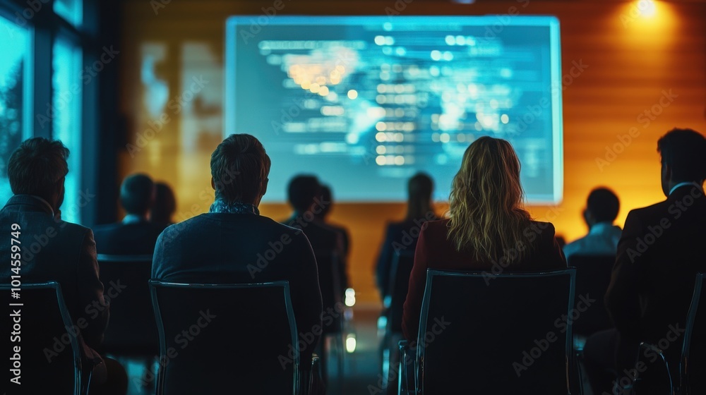 Audience, forum or individuals collaborating at a business workshop for knowledge sharing or presentation. Rear view of attendees observing a projector with data visualizations at a leadership summit Audience, forum or individuals collaborating at a business workshop for knowledge sharing or presentation. Rear view of attendees observing a projector with data visualizations at a leadership summit