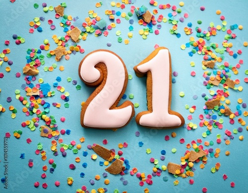 Decorated cookie, number 21, image for birthday or anniversary celebration photo