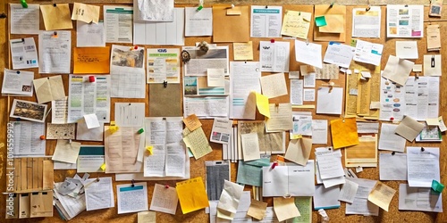 A chaotic tapestry of information, pinned and plastered, revealing a story in fragments and whispers, each note a puzzle piece waiting to be assembled.