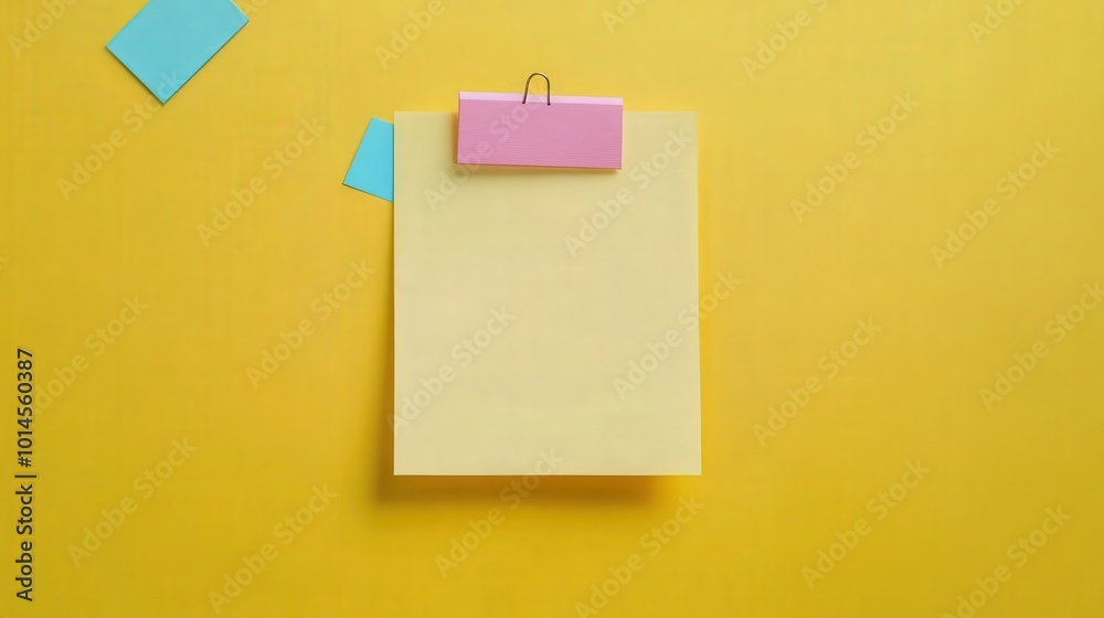 Digital sticky note, card and mockup with template for to-dos, tasks or agenda on a yellow background. Open space, banner or small document for alert, notification or message on clipboard, memory or l
