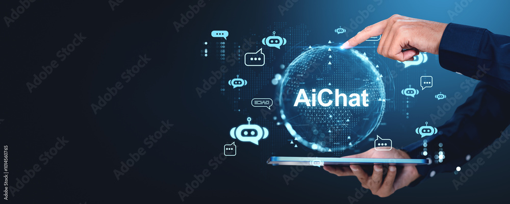 Man using tablet, finger touch digital AI assistant hologram. Copy space Man using tablet, finger touch digital AI assistant hologram. Copy space