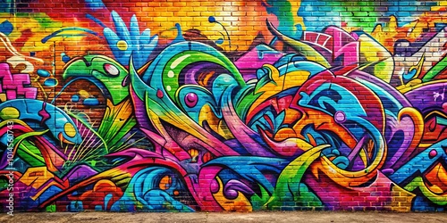 A vibrant display of abstract shapes and colors, a celebration of artistic freedom expressed through bold brushstrokes on a brick wall