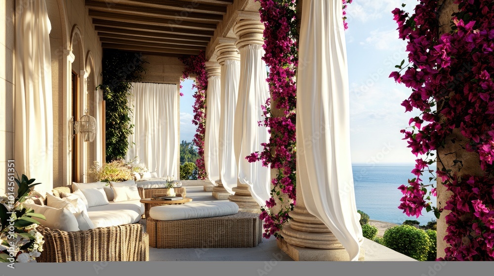 Fototapeta premium A stylish Mediterranean porch with a rattan seating area