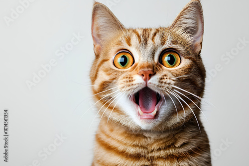 Angry and surprised cat isolated on transparent png background with a funny and excited expression. 