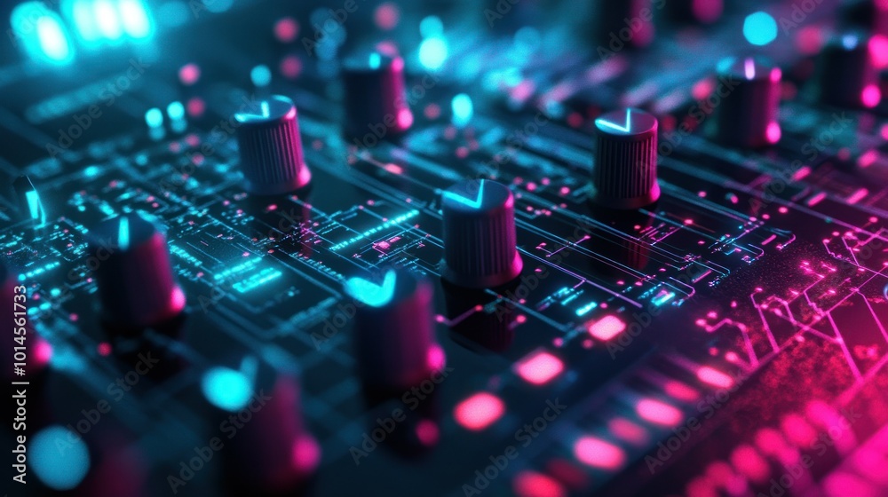 Close-up of a Circuit Board with Glowing Blue and Pink Lights Close-up of a Circuit Board with Glowing Blue and Pink Lights
