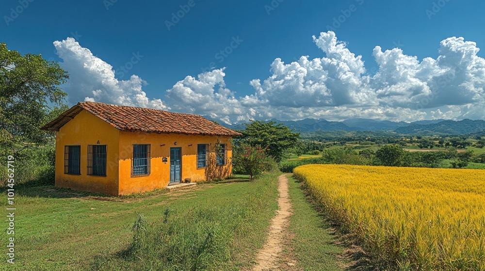 A yellow farmhouse sits on a hill overlooking a field of golden wheat with a dirt path leading towards it under a bright blue sky with puffy clouds. A yellow farmhouse sits on a hill overlooking a field of golden wheat with a dirt path leading towards it under a bright blue sky with puffy clouds.