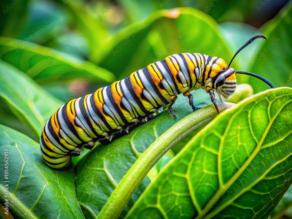 In a vibrant garden, a monarch caterpillar moves delicately among lush leaves, representing the beauty of nature’s In a vibrant garden, a monarch caterpillar moves delicately among lush leaves, representing the beauty of nature’s