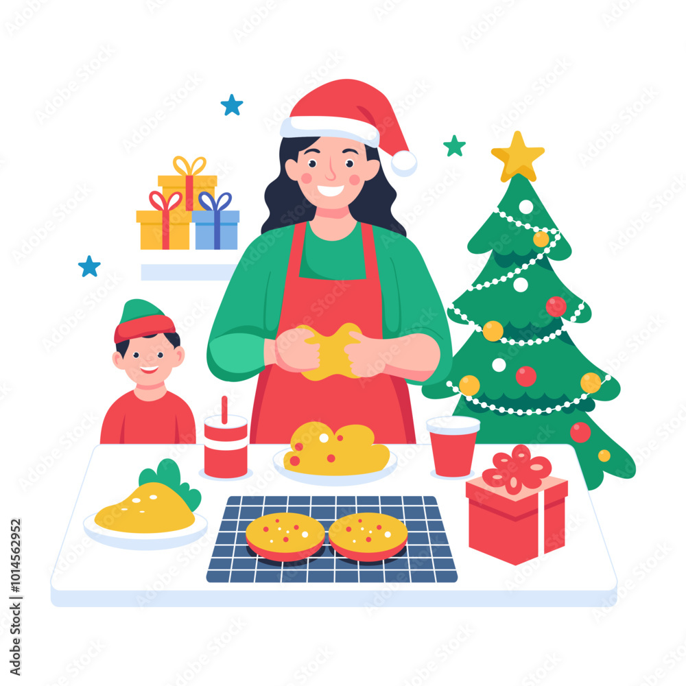 A flat illustration showing woman preparing christmas food A flat illustration showing woman preparing christmas food