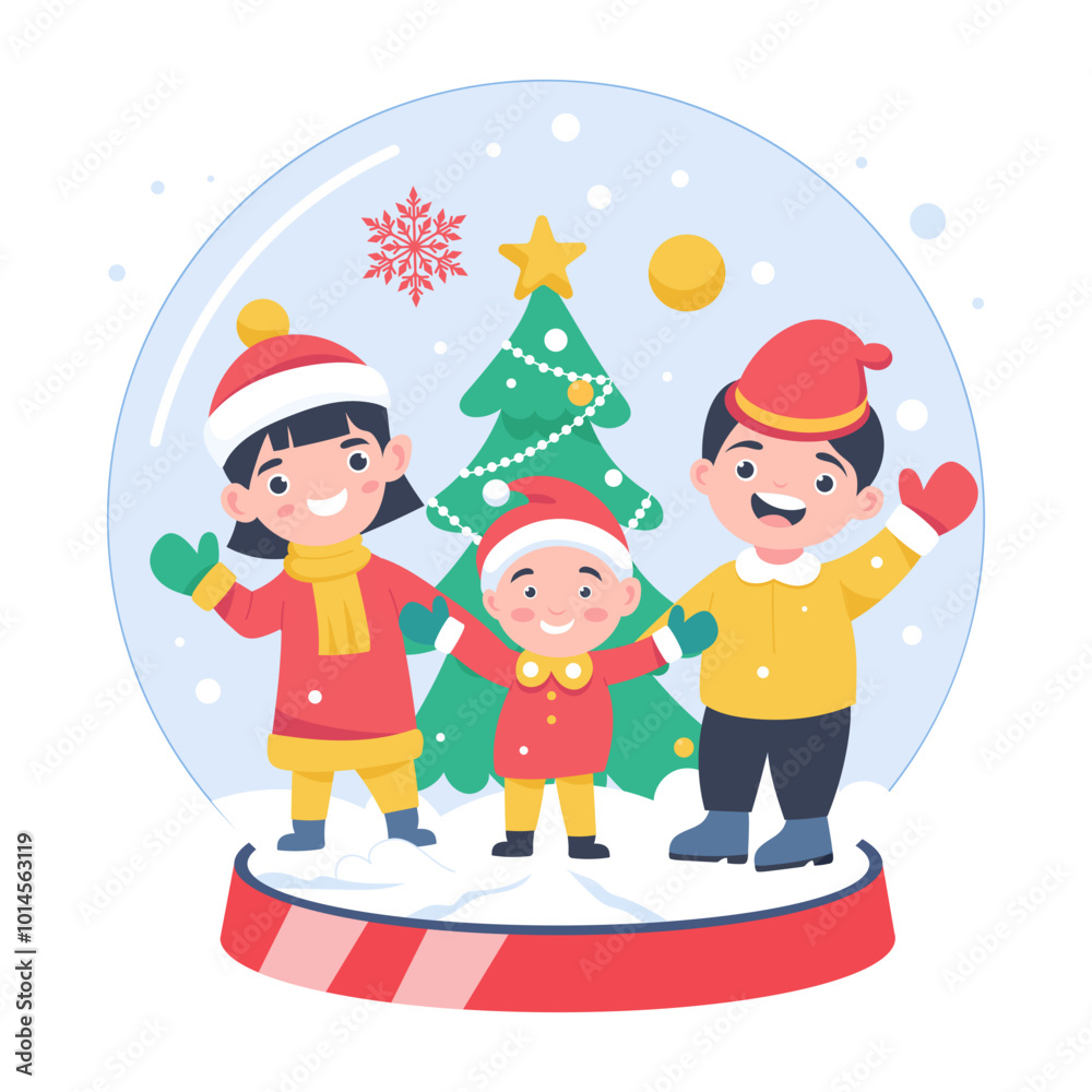 People with snow globe enjoying christmas, flat illustration People with snow globe enjoying christmas, flat illustration