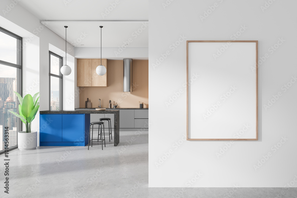 Framed blank poster mockup on a white wall in a modern kitchen with wooden cabinets, hanging lights, and a plant. 3D Rendering