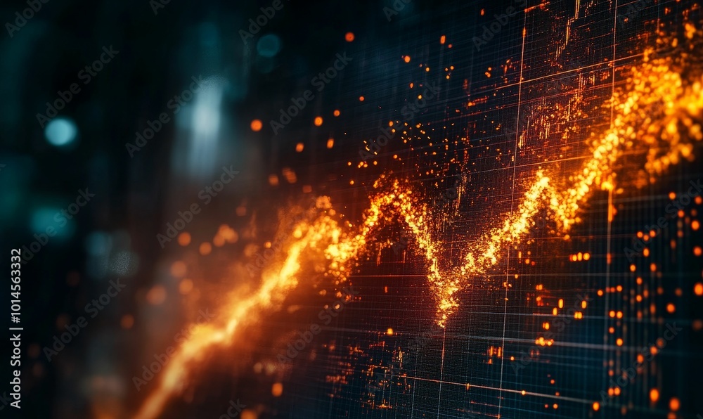 Fototapeta premium Orange light trail on digital grid.