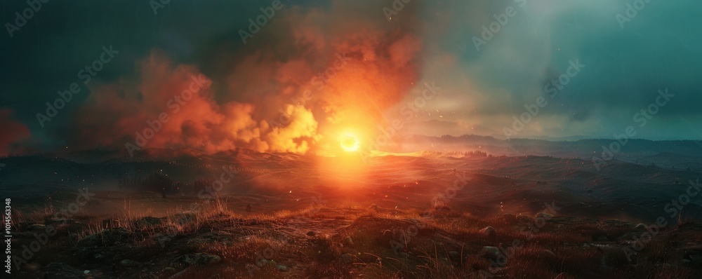 Emergency Signal Flare in Distant Valley, 4K hyperrealistic photo Emergency Signal Flare in Distant Valley, 4K hyperrealistic photo