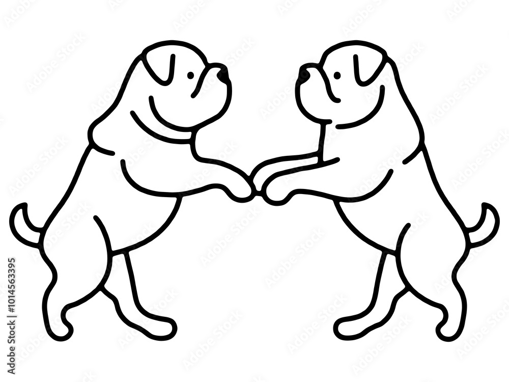 向かい合っている2匹のブルドッグの子犬のシンプルな線画イラスト 透過背景の切り抜き 向かい合っている2匹のブルドッグの子犬のシンプルな線画イラスト 透過背景の切り抜き