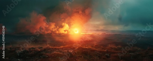 Emergency Signal Flare in Distant Valley, 4K hyperrealistic photo