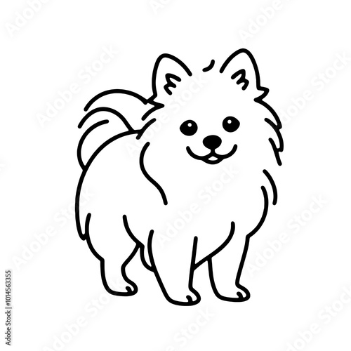 こちらを見ている可愛いポメラニアンの子犬のシンプルな線画イラスト　透過背景の切り抜き