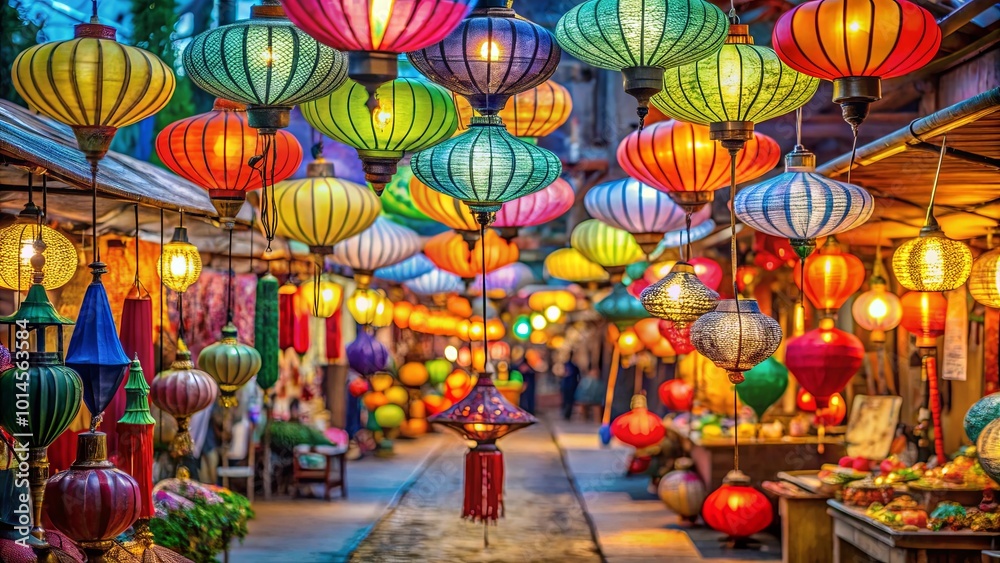 A Festive Street Adorned with Vibrant Hanging Lanterns, Their Glowing Lights Casting a Warm and Inviting Ambiance