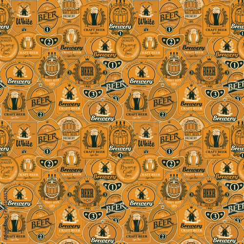 Vector seamless pattern on the theme of beer with various beer labels with images of barrels, beer glasses, mills, laurel wreathes, ears of wheat and other in retro style on orange background