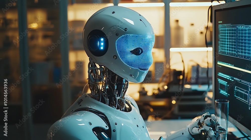 Advanced AI Robot Working on Computer in Modern Lab Advanced AI Robot Working on Computer in Modern Lab