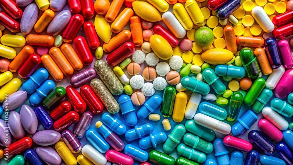 A vibrant tapestry of colorful capsules and tablets, a symbolic representation of the diverse spectrum of health and wellness