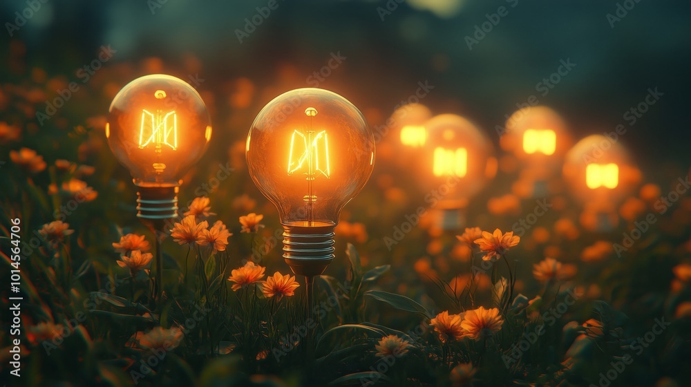 A field of flowers with glowing bulbs in the center. The bulbs are lit up and the flowers are orange A field of flowers with glowing bulbs in the center. The bulbs are lit up and the flowers are orange
