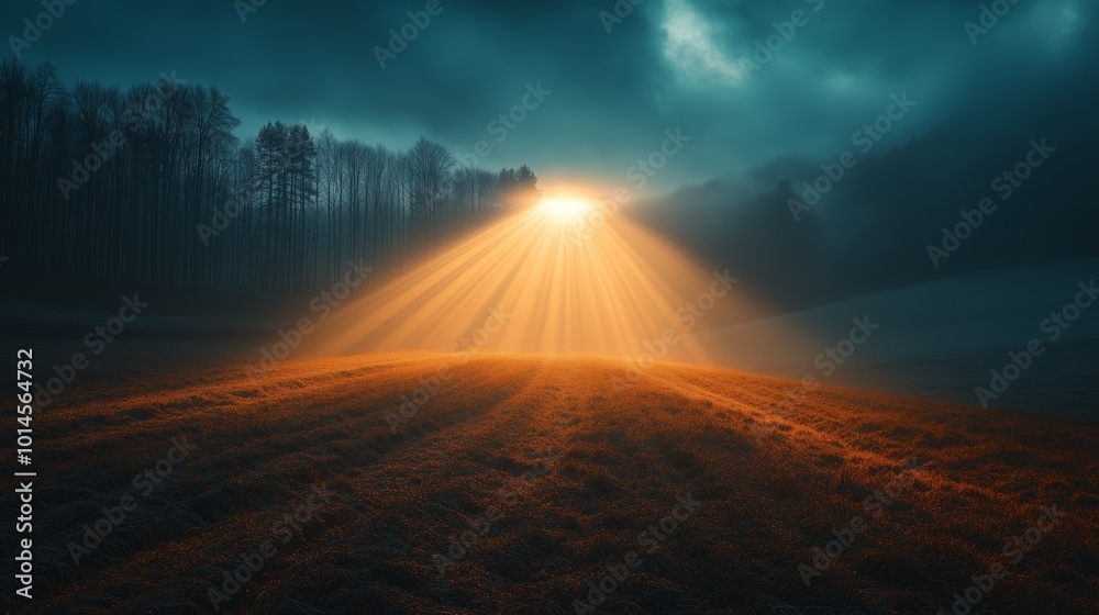 Fototapeta premium A field of grass with a sun shining on it. The sun is casting a long shadow on the ground