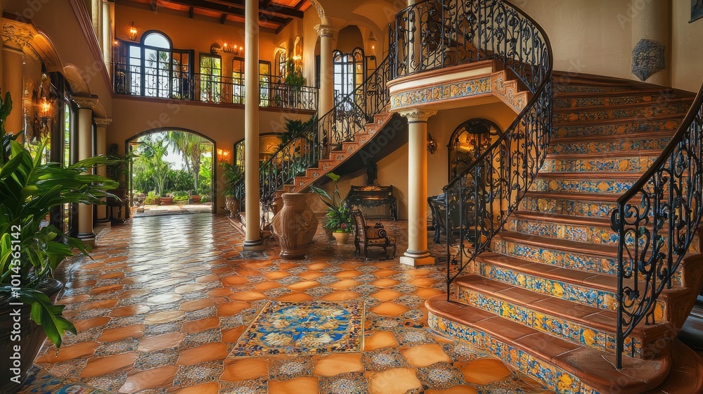 Obraz premium An expansive Mediterranean villa front foyer with a sweeping staircase