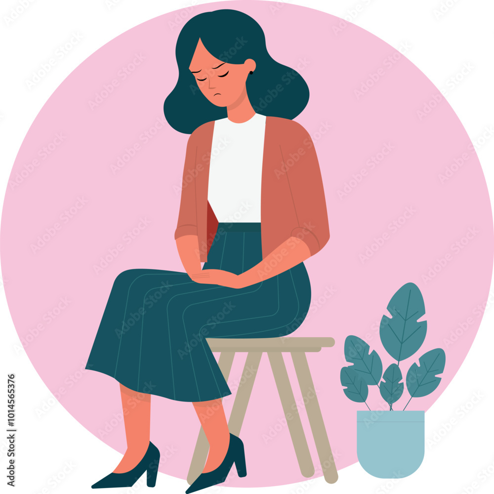 Sad woman, pain, cramps, sitting, looking down, depressed Sad woman, pain, cramps, sitting, looking down, depressed