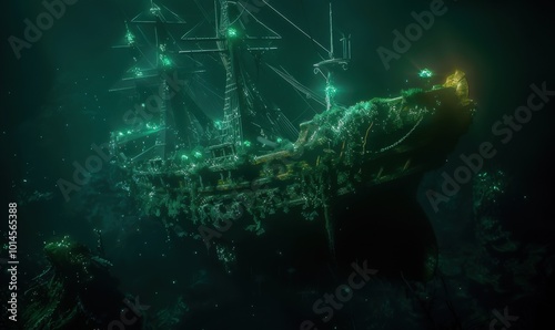 Wallpaper Mural Spirit-infused clipper ship surfacing from the depths of a dark abyss, its hull adorned with bioluminescent organisms and mysterious runes, 4K hyperrealistic photo Torontodigital.ca