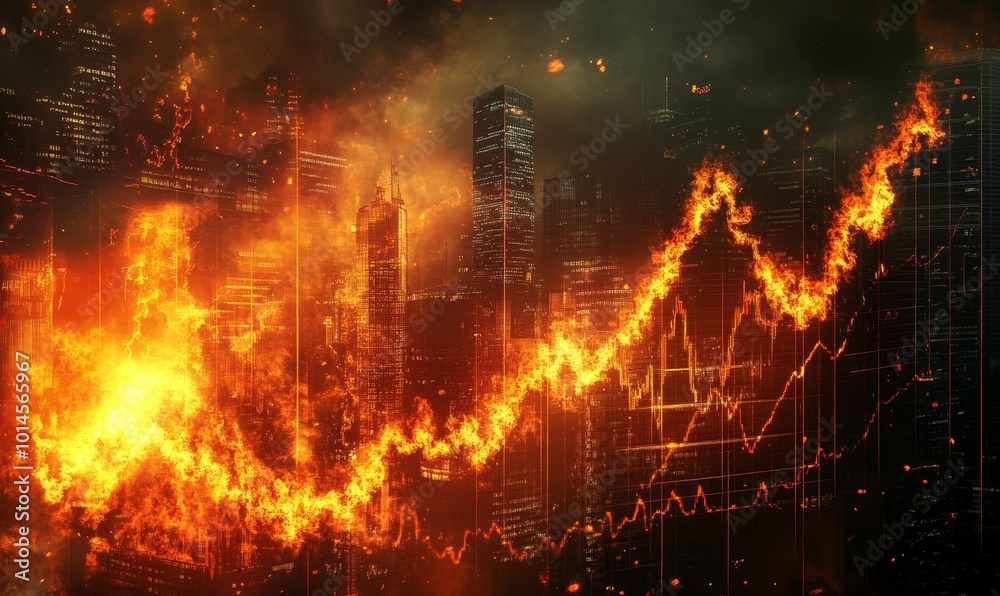 Fiery city skyline with a stock chart. Fiery city skyline with a stock chart.