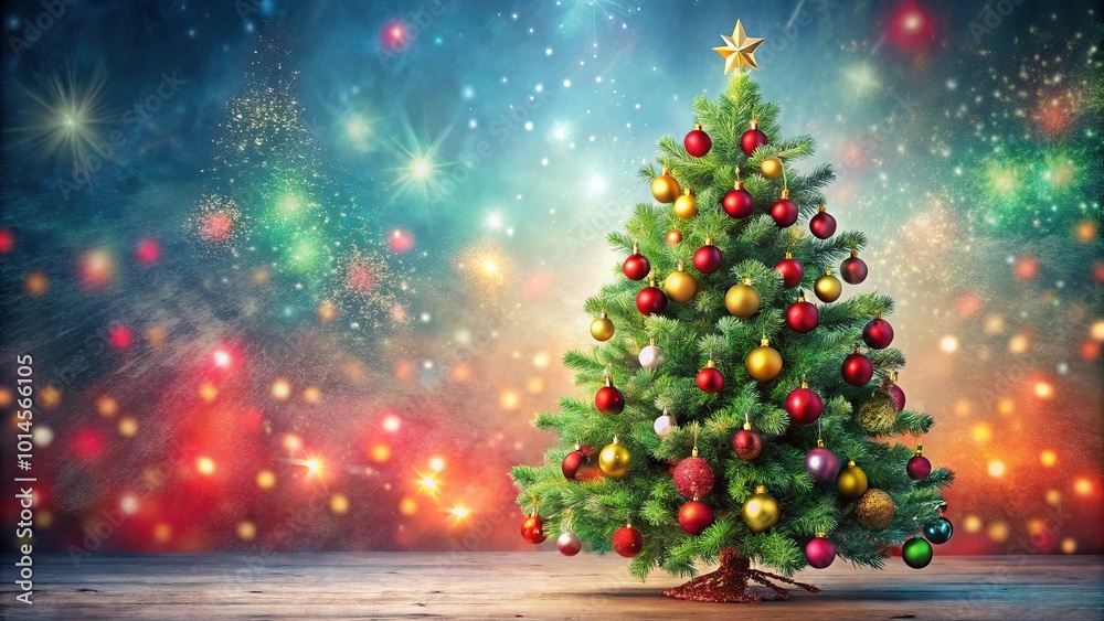 A Festive Evergreen Adorned with Gleaming Ornaments and a Golden Star Against a Backdrop of Shimmering Lights and Falling Snow. A Festive Evergreen Adorned with Gleaming Ornaments and a Golden Star Against a Backdrop of Shimmering Lights and Falling Snow.