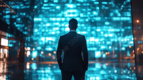 Back view of young businessman standing in front of illuminated building and looking at blue glowing