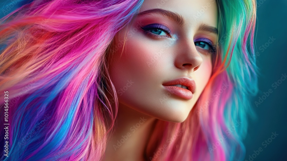 Beauty Fashion Model Girl with Colorful Dyed Hair. Colorful Long Hair. Portrait of a Beautiful Girl with Dyed Hair, professional hair Coloring. Coloring hair Beauty Fashion Model Girl with Colorful Dyed Hair. Colorful Long Hair. Portrait of a Beautiful Girl with Dyed Hair, professional hair Coloring. Coloring hair