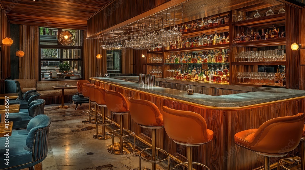 Fototapeta premium An inviting bar area with a mix of sleek and warm wood finishes