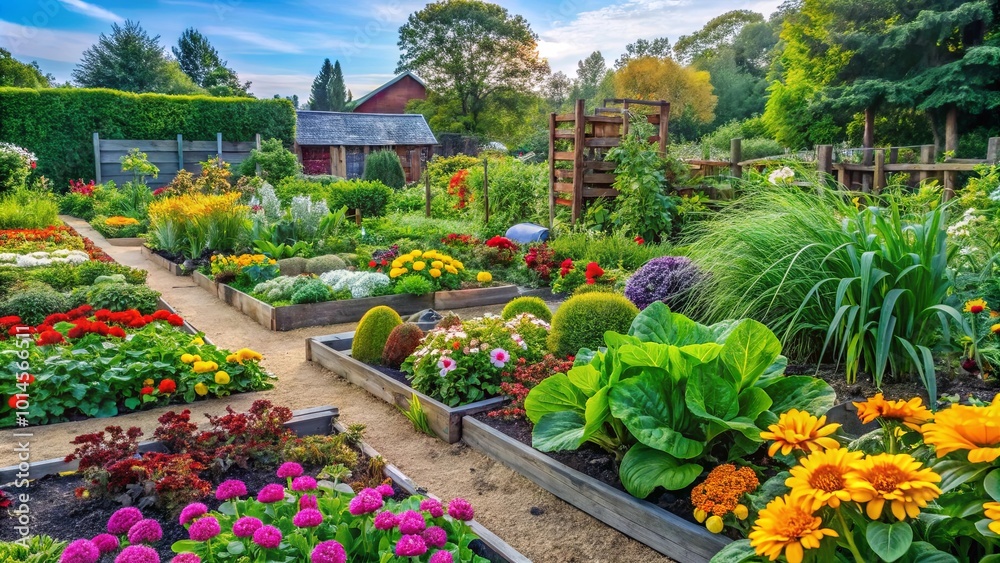 Fototapeta premium A Serene Garden Path Surrounded by Vibrant Blooms and Lush Greenery, Providing a Tranquil Escape from Everyday Life