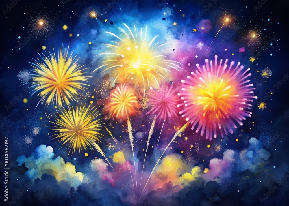 Fototapeta premium Joyful fireworks painted in vibrant watercolors light up the sky, symbolizing celebration and happiness, creating a dazzling spectacle of color and