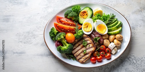 A vibrant plate featuring grilled protein, fresh vegetables, and boiled eggs, offering a visually appealing and nutritionally balanced meal.