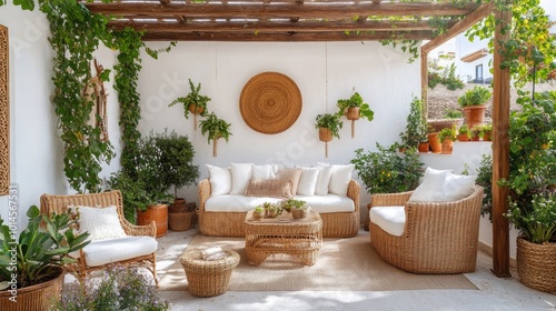 An outdoor living space with wicker furniture photo