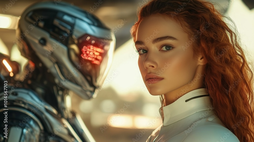 A woman with red hair stands in front of a robot. The robot is wearing a helmet and has a red light on its face. The woman is wearing a white outfit and has a serious expression on her face A woman with red hair stands in front of a robot. The robot is wearing a helmet and has a red light on its face. The woman is wearing a white outfit and has a serious expression on her face