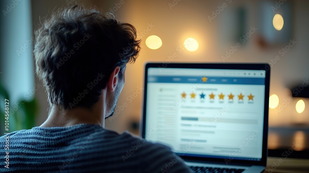 Person's back and shoulder, with their head turned slightly to the side to reveal their face. They are focused on a laptop screen, which displays a partially written online review wit five star rating Person's back and shoulder, with their head turned slightly to the side to reveal their face. They are focused on a laptop screen, which displays a partially written online review wit five star rating