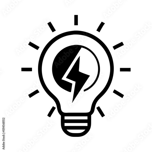 Electric light bulb icon, energy-efficient design with bolt, black and white, copy space