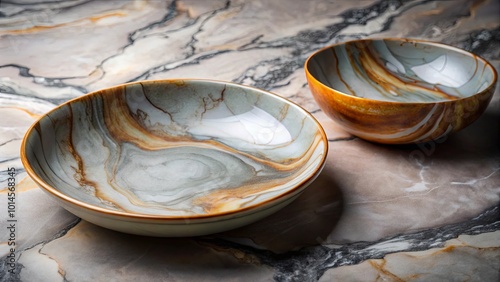Swirling patterns of grey and orange on ceramic bowls, a harmonious blend of color and texture.
