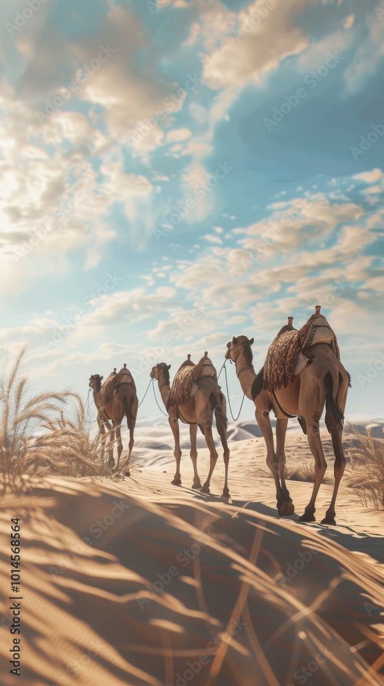 Nomadic journey: camels on the move across desert plains, 4K hyperrealistic photo Nomadic journey: camels on the move across desert plains, 4K hyperrealistic photo